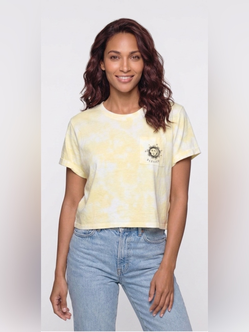 LOVE PEACE & LAZY DAYS Yellow Tie-Dye Crop Pocket Tee
